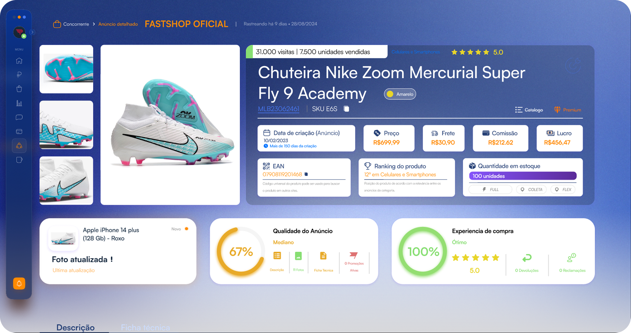 Tela de análise de produtos da Beergam